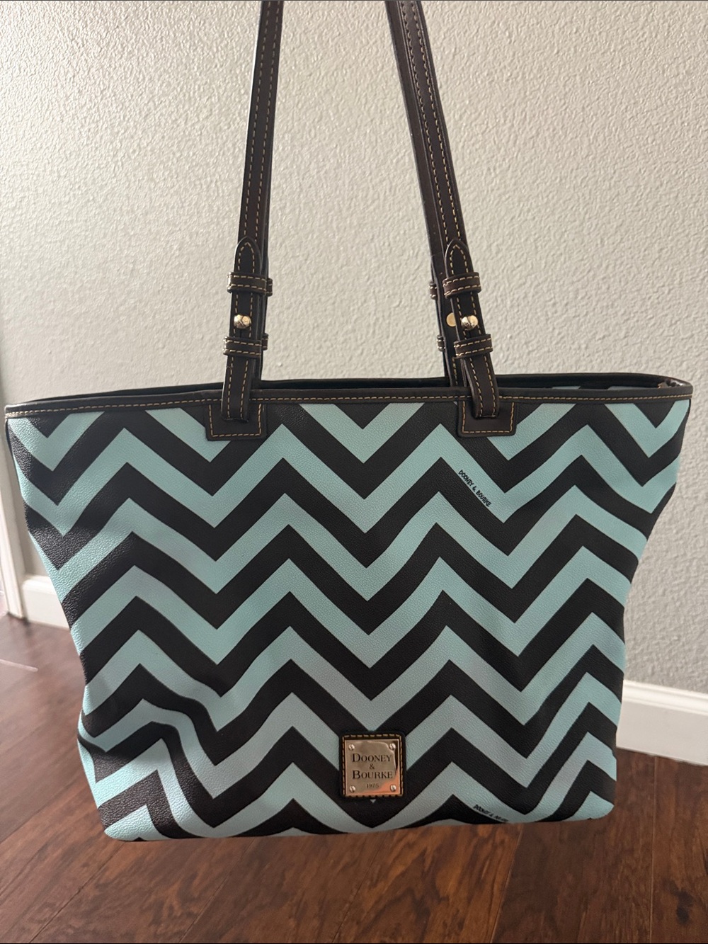 Dooney & Bourke Black and Light Blue Chevron Tote with Brown Straps